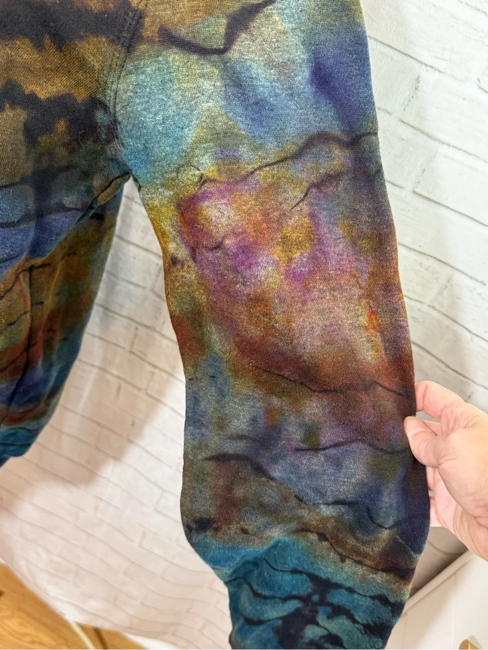 Upcycled Ice Dye Men’s Fleece Pullover, Chaps Brand, Reverse Tie Dye, Large Blue